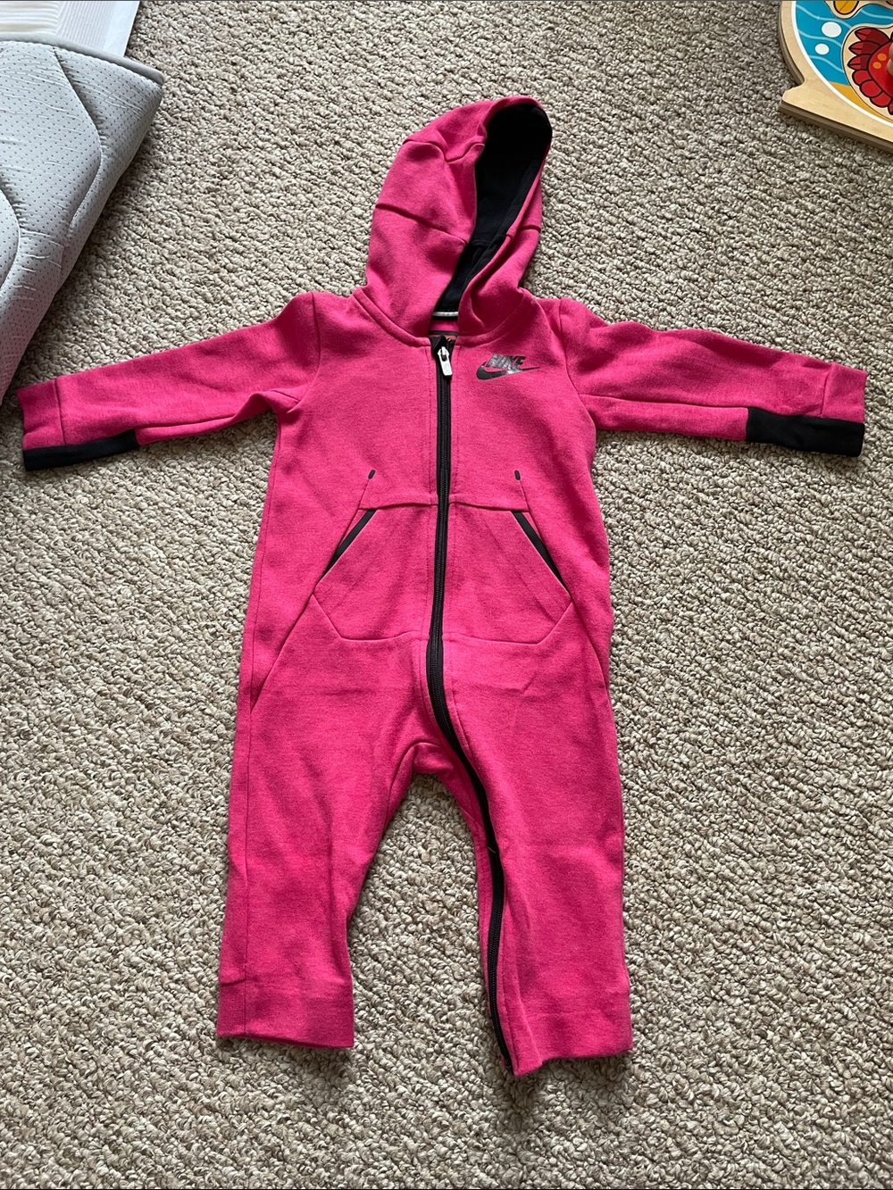 Nike Kids Bright Pink Hooded One-Piece Romper with Black Accents